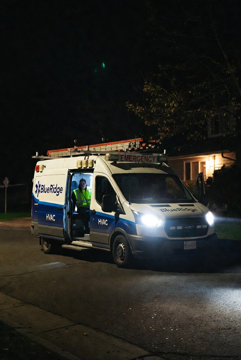 Blue Ridge HVAC emergency service van responding to a heating emergency in Surrey BC at night